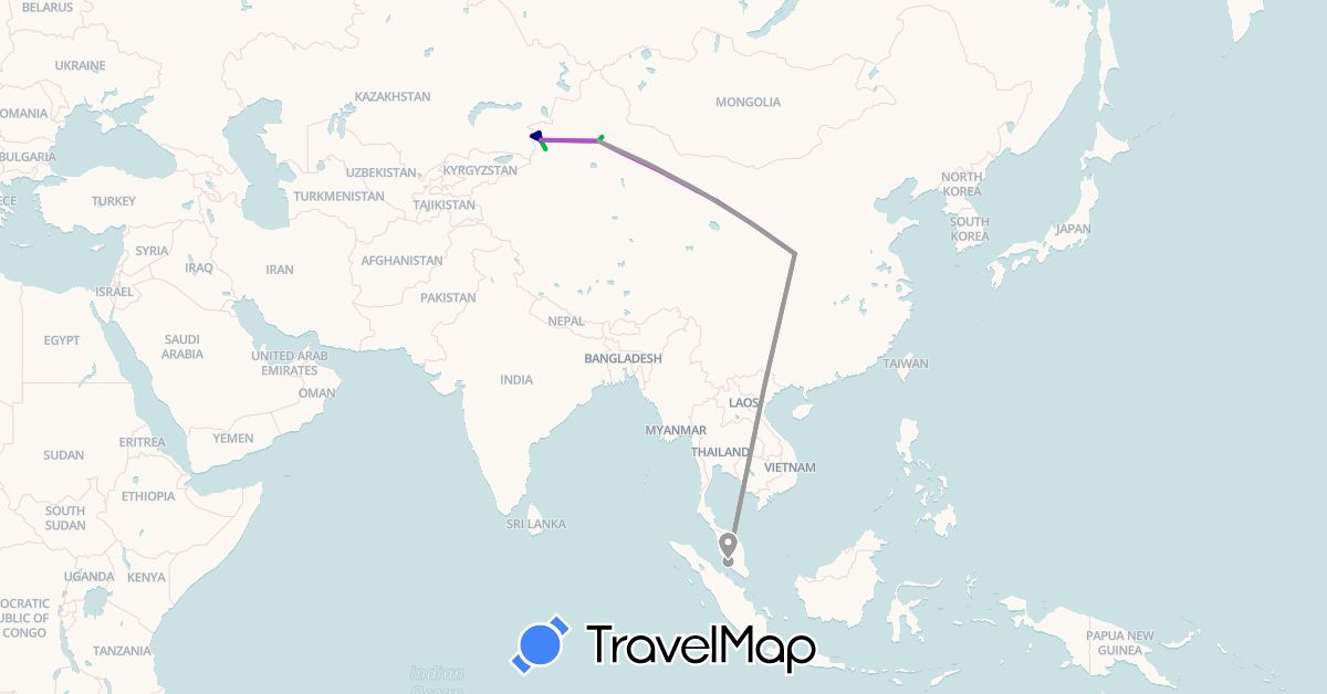TravelMap itinerary: driving, bus, plane, train in China, Kazakhstan, Malaysia (Asia)